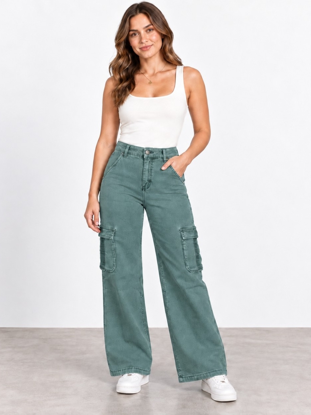High-Rise Wide-Leg Cargo Jeans in Dusty Teal